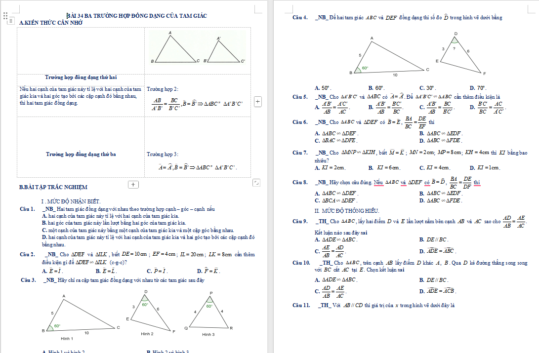 Trắc nghiệm Toán 8 Bài 34