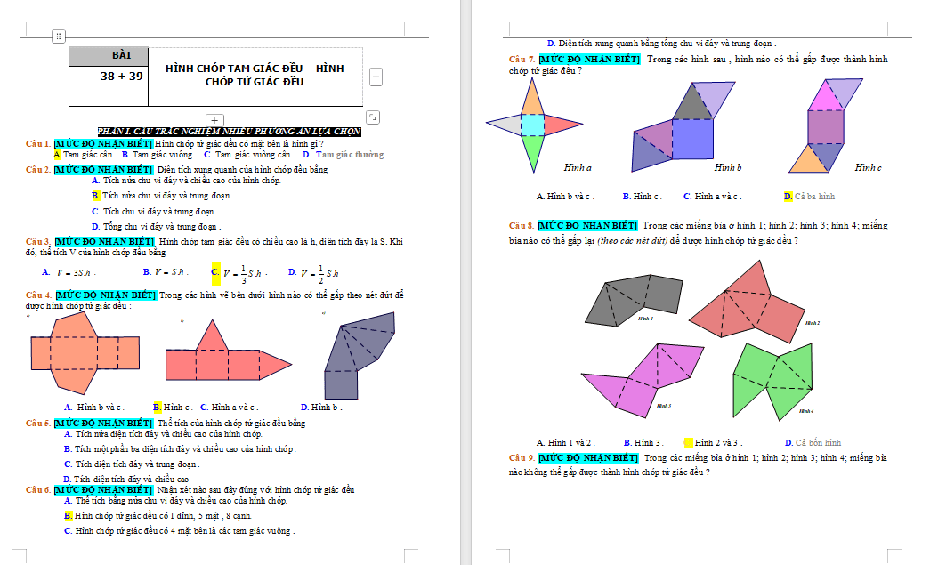 Trắc nghiệm Toán 8 Bài 39