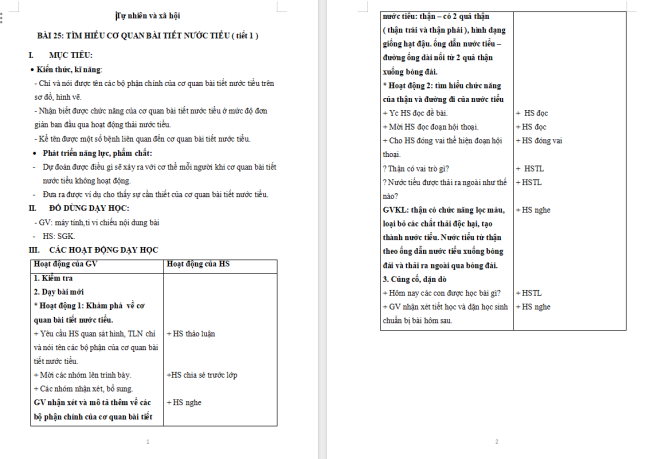Giáo án Tự nhiên và xã hội 2 Bài 25: Tìm hiểu cơ quan bài tiết nước tiểu