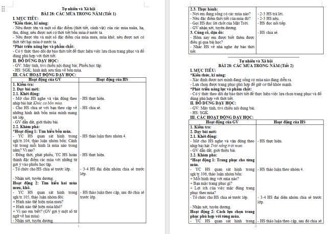 Giáo án Tự nhiên và xã hội 2 Bài 28: Các mùa trong năm