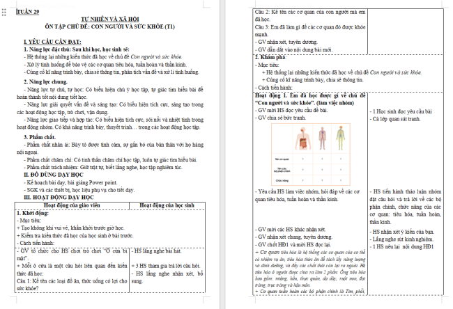Giáo án Tự nhiên và xã hội 3 Ôn tập Chủ đề con người và sức khỏe