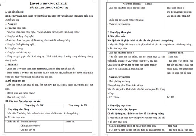 Giáo án Công nghệ 4 Bài 12: Làm chong chóng