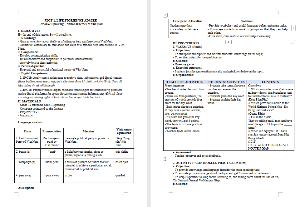 Tiếng Anh 12 Unit 1: Speaking