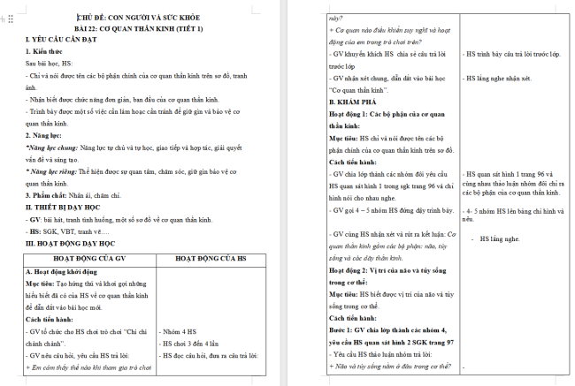 Giáo án Tự nhiên và xã hội 3 Bài 22: Cơ quan thần kinh