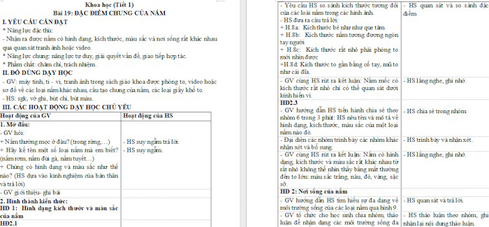 Giáo án Khoa học 4: Đặc điểm chung của nấm