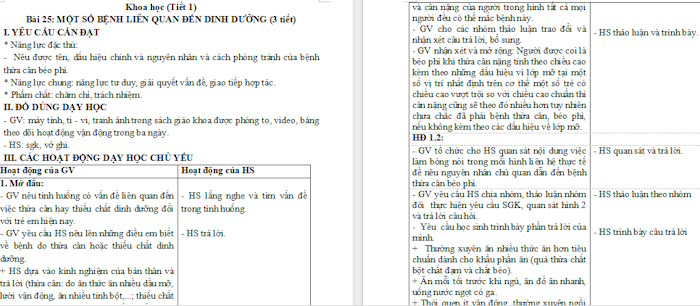 Giáo án Khoa học 4: Một số bệnh liên quan đến dinh dưỡng