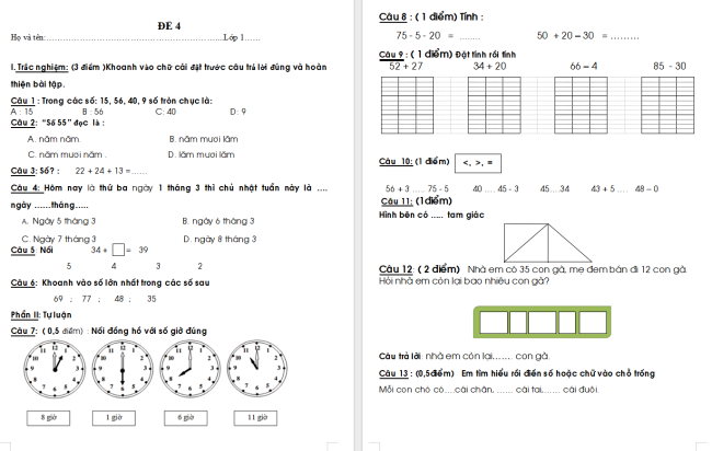 Đề ôn thi học kì 2 môn Toán lớp 1 Chân trời sáng tạo