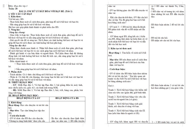 Giáo án Đạo đức 3 Bài 11: Em xử lý bất hòa với bạn bè