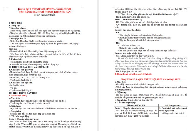 Giáo án Địa lí 6 Bài 10: Quá trình nội sinh và ngoại sinh. Các dạng địa hình chính. Khoáng sản