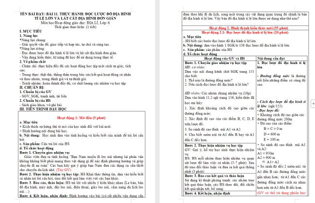Giáo án Địa lí 6 Bài 11: Thực hành đọc lược đồ địa hình tỉ lệ lớn và lát cắt địa hình đơn giản