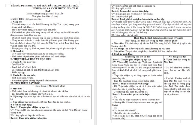 Giáo án Địa lí 6 Bài 5: Vị trí Trái Đất trong hệ Mặt Trời. Hình dạng, kích thước của Trái Đất