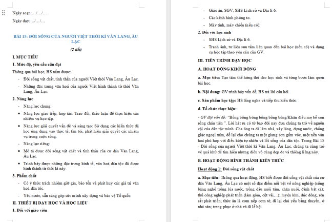 Giáo án Lịch sử 6 Bài 15: Đời sống của người Việt thời Văn Lang, Âu Lạc