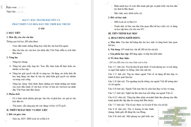 Giáo án Lịch sử 6 Bài 17: Đấu tranh bảo tồn và phát triển văn hóa dân tộc thời kì Bắc thuộc