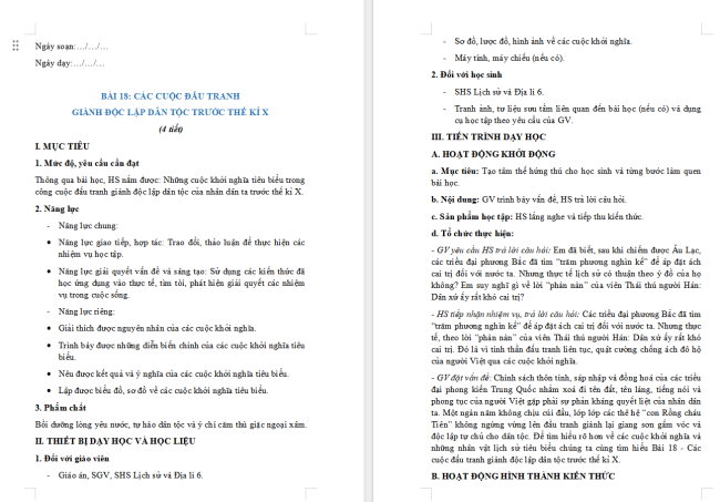 Giáo án Lịch sử 6 Bài 18: Các cuộc đấu tranh giành độc lập dân tộc trước thể kỉ X