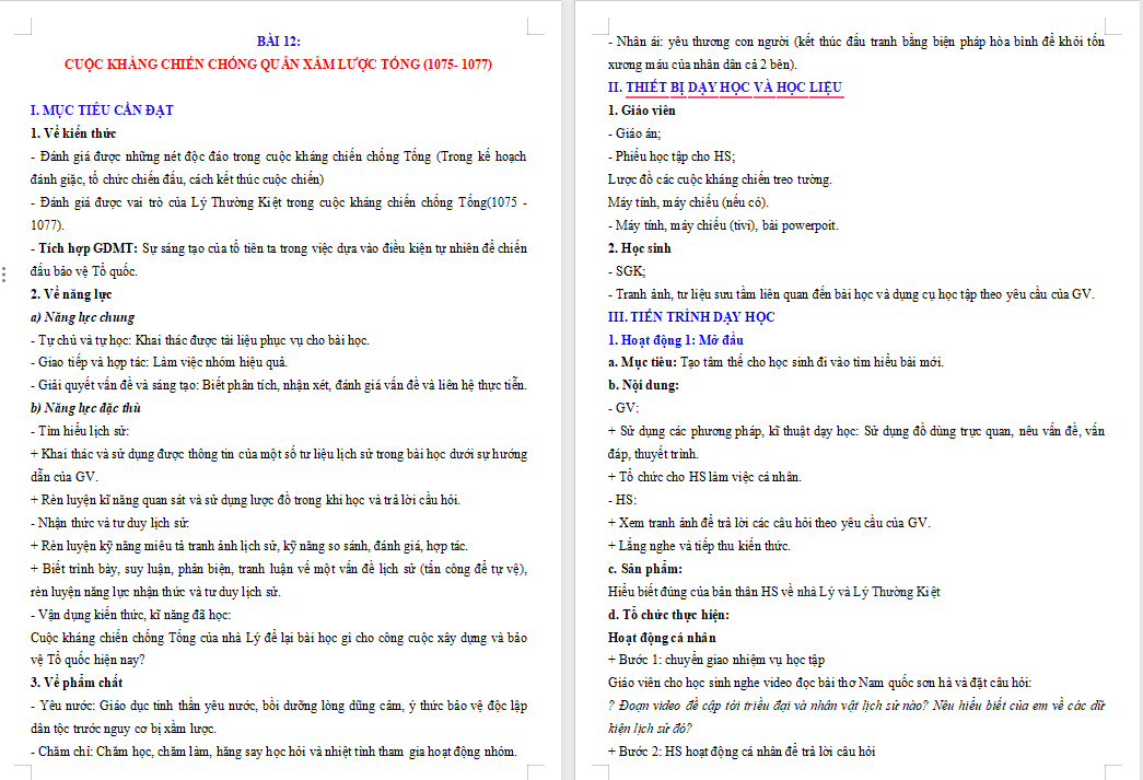 Giáo án Lịch sử 7 Bài 12