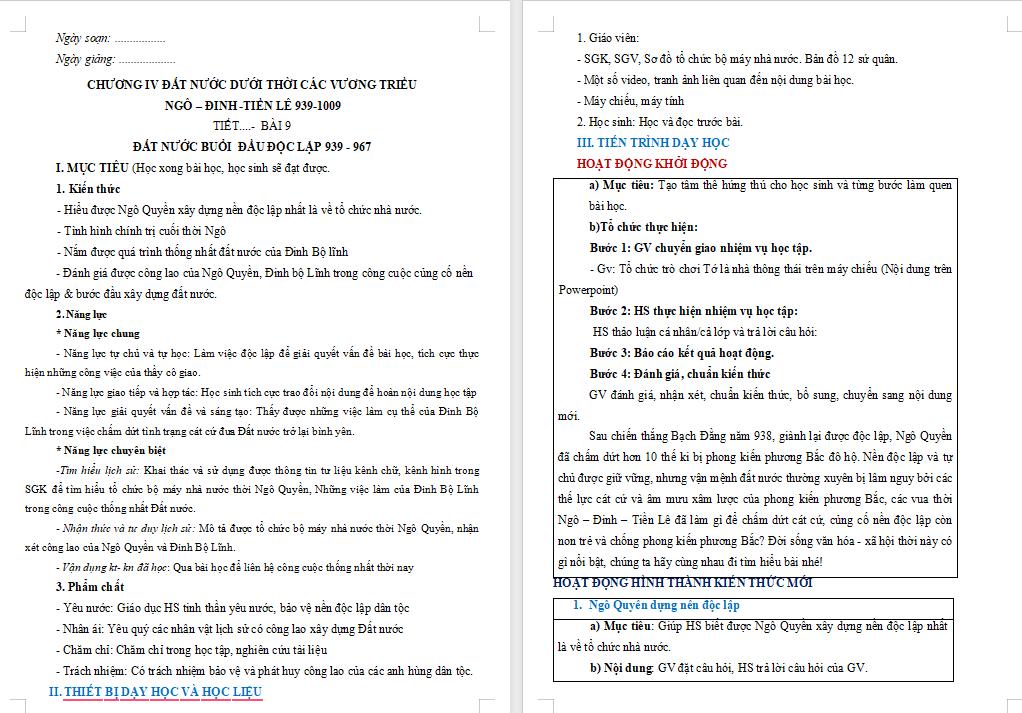 Giáo án Lịch sử 7 Bài 9