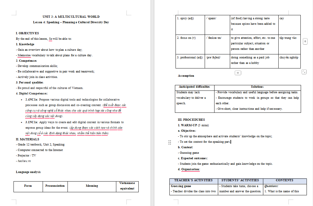 Tiếng Anh 12 Unit 2: Speaking