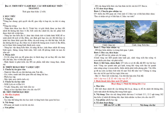 Giáo án Địa lí 6 Bài 13: Thời tiết và khí hậu. Các đới khí hậu trên trái đất