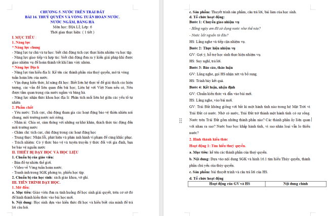 Giáo án Địa lí 6 Bài 16: Thủy quyền. Vòng tuần hoàn nước. Nước ngầm, băng hà