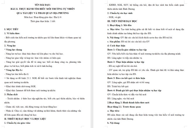 Giáo án Địa lí 6 Bài 21: Thực hành tìm hiểu môi trường tự nhiên qua tài liệu và tham quan địa phương