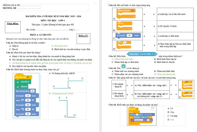 Đề thi học kì 2 môn Tin học 5 Cùng khám phá