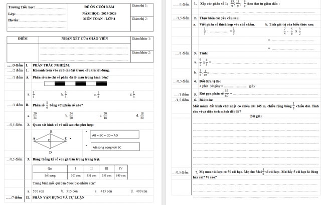 Đề ôn thi học kì 2 môn Toán 4 Chân trời sáng tạo