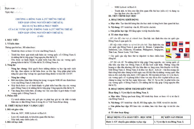 Giáo án Lịch sử 6 Bài 10: Sự ra đời và phát triển của các vương quốc ở Đông Nam Á