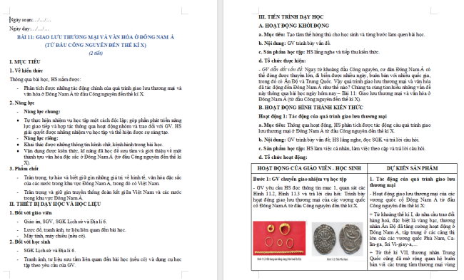 Giáo án Lịch sử 6 Bài 11: Giao lưu thương mại và văn hóa ở Đông Nam Á