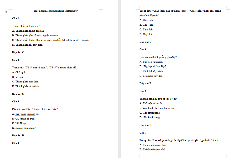  Thực hành tiếng Việt trang 69