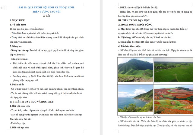 Giáo án Địa lí 6 Bài 10: Quá trình nội sinh và ngoại sinh. Hiện tượng tạo núi