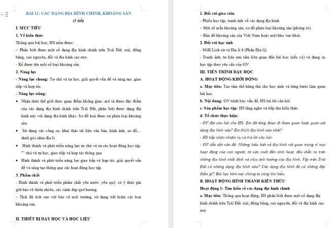 Giáo án Địa lí 6 Bài 11: Các dạng địa hình chính. Khoáng sản
