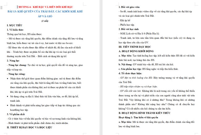 Giáo án Địa lí 6 Bài 13: Khí quyển của Trái Đất. Các khối khí. Khí áp và gió