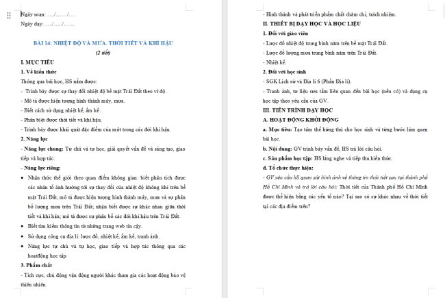 Giáo án Địa lí 6 Bài 14: Nhiệt độ và mưa. Thời tiết và khí hậu
