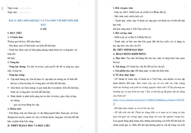 Giáo án Địa lí 6 Bài 15: Biến đổi khí hậu và ứng phó với biến đổi khí hậu