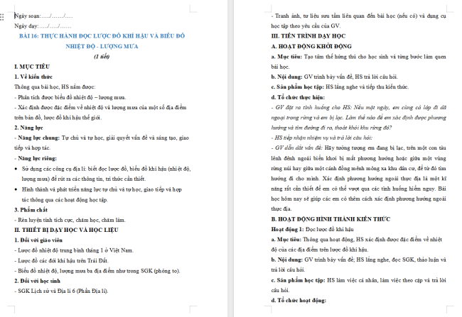 Giáo án Địa lí 6 Bài 16: Thực hành: Đọc lược đồ khí hậu và biểu đồ nhiệt độ - lượng mưa