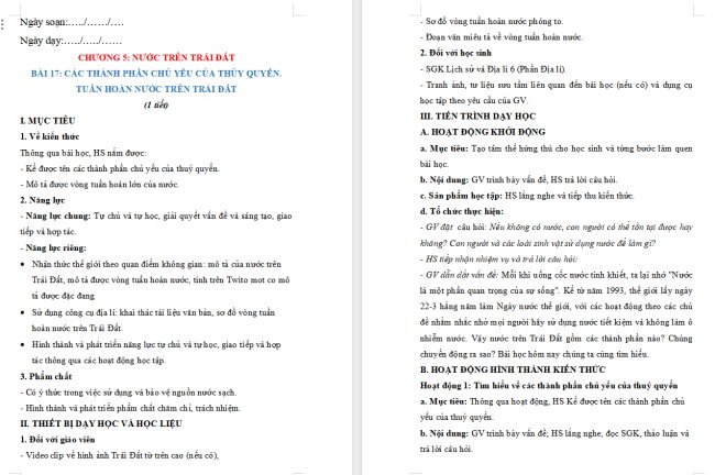 Giáo án Địa lí 6 Bài 17: Các thành phần chủ yếu của thủy quyển. Tuần hoàn nước trên Trái Đất