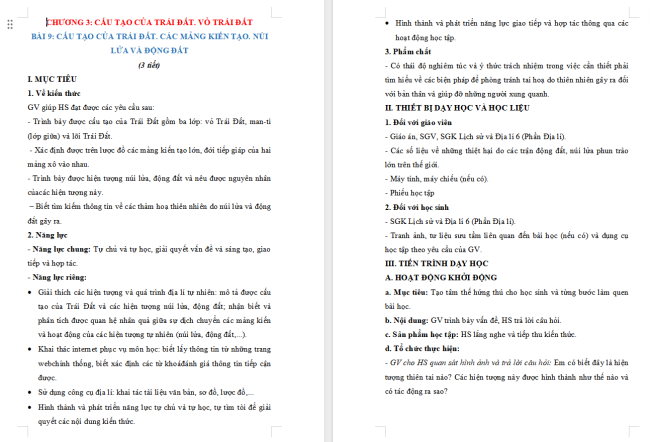 Giáo án Địa lí 6 Bài 9: Cấu tạo của Trái Đất. Các mảng kiến tạo. Núi lửa và động đất