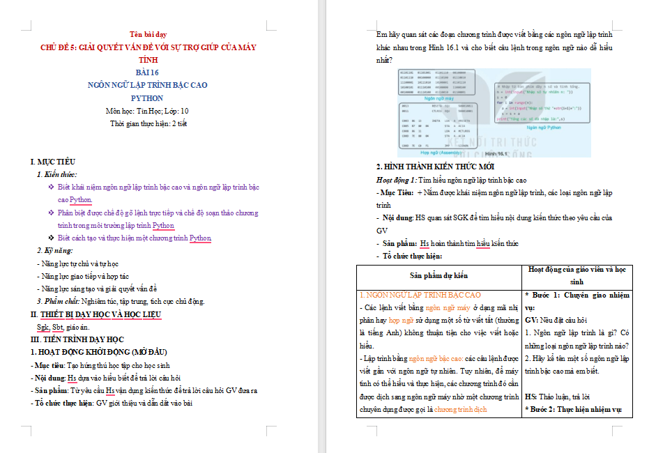 Tin học 10 Bài 16 Ngôn ngữ lập trình bậc cao và python
