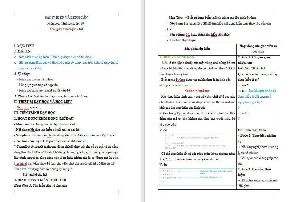 Tin học 10 Bài 17 Biến và lệnh gán