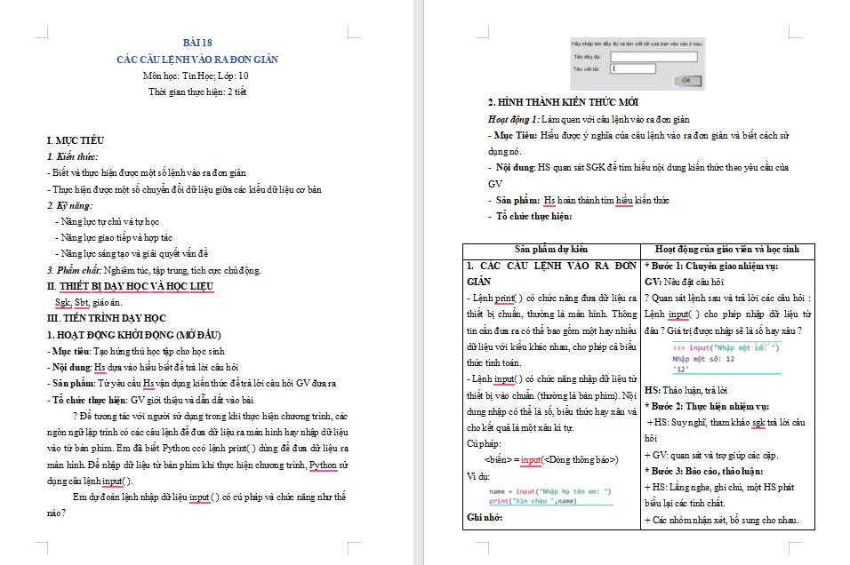 Tin học 10 Bài 18 Các lệnh vào ra đơn giản