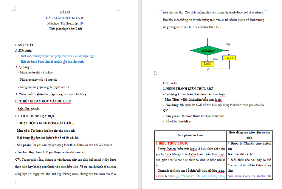 Tin học 10 Bài 19 Câu lệnh điều kiện If