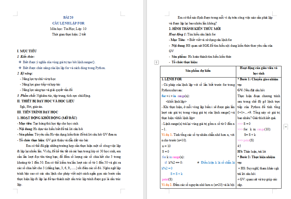 Tin học 10 Bài 20 Câu lệnh lặp For
