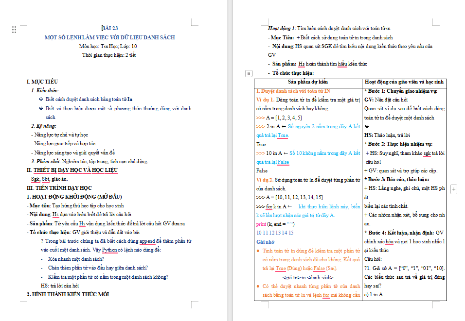 Tin học 10 Bài 23 Một số lệnh làm việc với dữ liệu danh sách