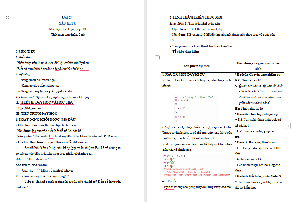 Tin học 10 Bài 24 Xâu kí tự