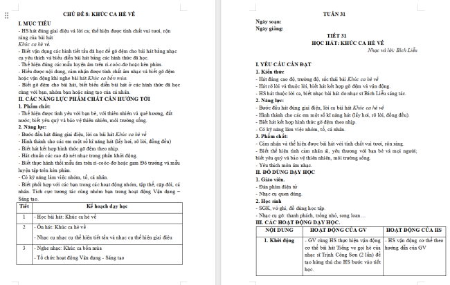 Giáo án Âm nhạc 5 Tiết 31: Hát Khúc ca hè về