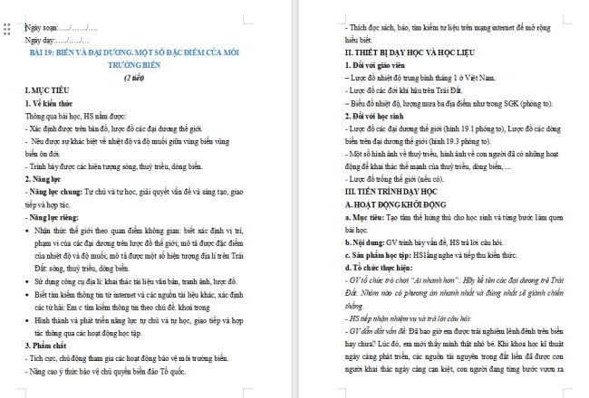 Giáo án Địa lí 6 Bài 19: Biển và đại dương. Một số đặc điểm của môi trường biển