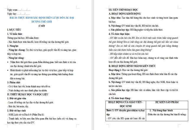 iáo án Địa lí 6 Bài 20: Thực hành: Xác định trên lược đồ các đại dương thế giới