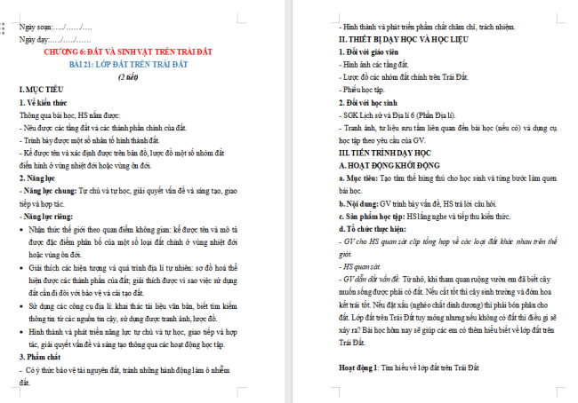 Giáo án Địa lí 6 Bài 21: Lớp đất trên Trái Đất
