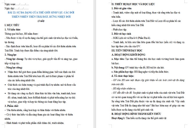 Giáo án Địa lí 6 Bài 22: Sự đa dạng của thế giới sinh vật. Các đới thiên nhiên trên Trái Đất. Rừng nhiệt đới