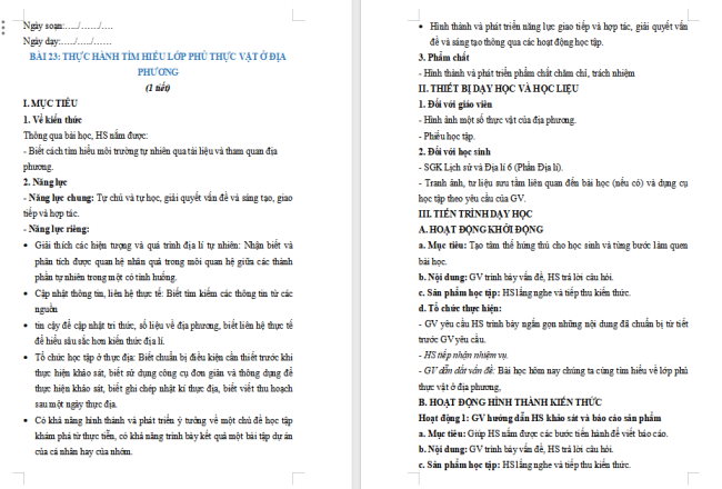 Giáo án Địa lí 6 Bài 23: Thực hành: Tìm hiểu lớp phủ thực vật ở địa phương